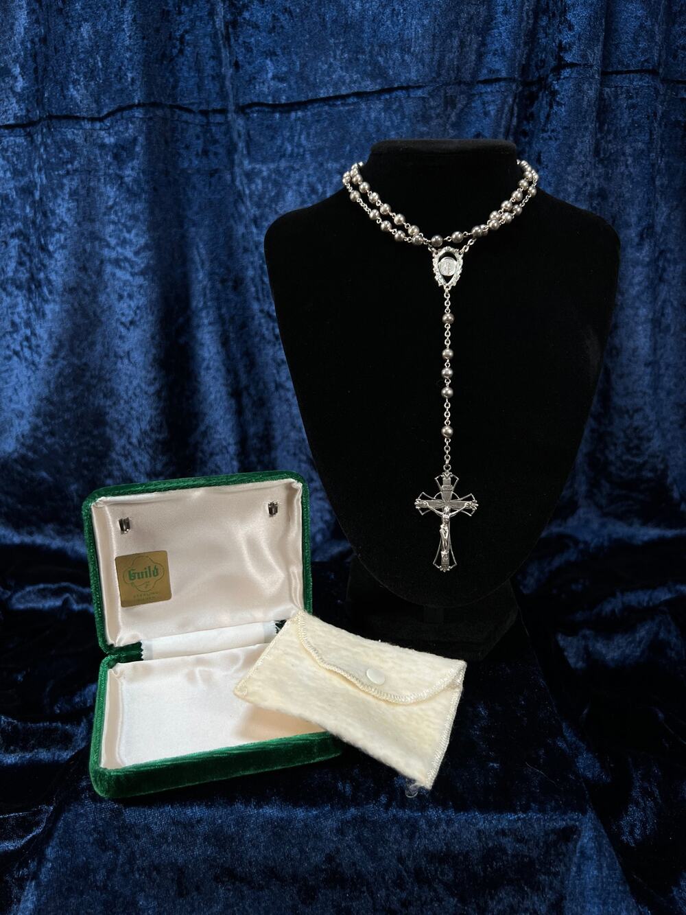 Vintage Guild Sterling Silver Ball Chain Rosary Ornate Crucifix and Original Box